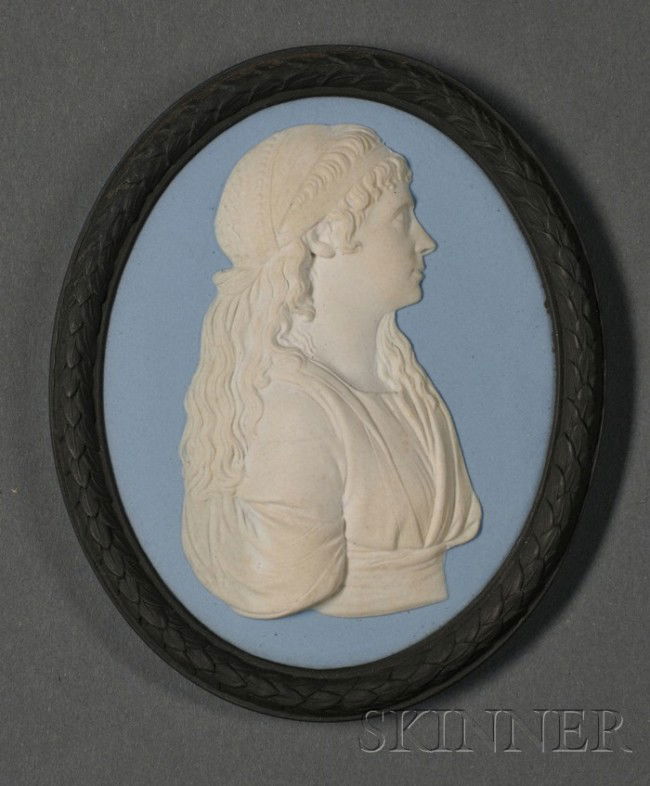 Wedgwood Bert Bentley Three Color Jasper Portrait: Wedgwood Bert Bentley Three Color Jasper Portrait Medallion, England, c. 1920, oval shape with solid light blue body, black self-frame and applied white relief depiction of Comtesse Du Barry, BB1081,