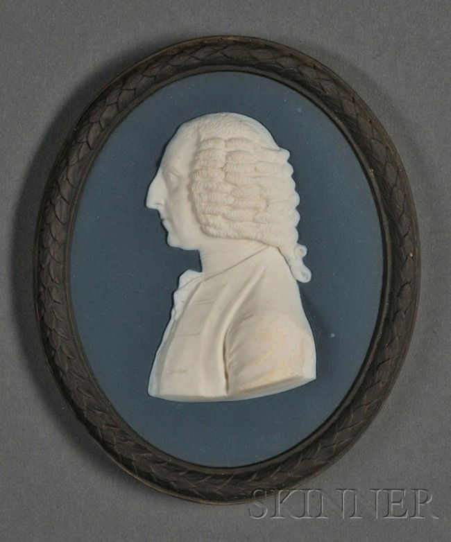 Wedgwood Bert Bentley Three Color Jasper Dip Portr: Wedgwood Bert Bentley Three Color Jasper Dip Portrait Medallion, England, c. 1920, oval shape with black self-frame to a dark blue ground with applied white depiction of Earl of Chatham, BB629, impres