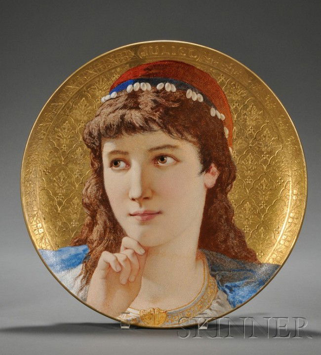 Wedgwood Juliet Wall Charger, England, 1881, paint: Wedgwood Juliet Wall Charger, England, 1881, painted by Thomas Allen, enamel decorated portrait against a raised gilt foliate ground, titled border, artist signed and dated, impressed mark, dia. 15 in