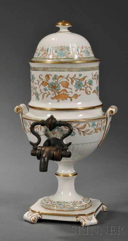 Wedgwood Pearlware Tea Infuser, England, c. 1863,: Wedgwood Pearlware Tea Infuser, England, c. 1863, enameled black transfer printed floral pattern, brass spigot, impressed marks, ht. 13 1/4 in.