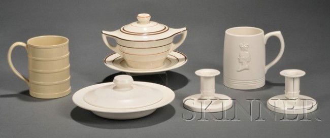 Six Wedgwood Keith Murray Designed Items, England,: Six Wedgwood Keith Murray Designed Items, England, 1935-40, four in moonstone glaze, two low candleholders, one with platinum trim lines, ht. 2 3/4 in.; covered muffin dish, dia. 8 3/8 in.; and King G