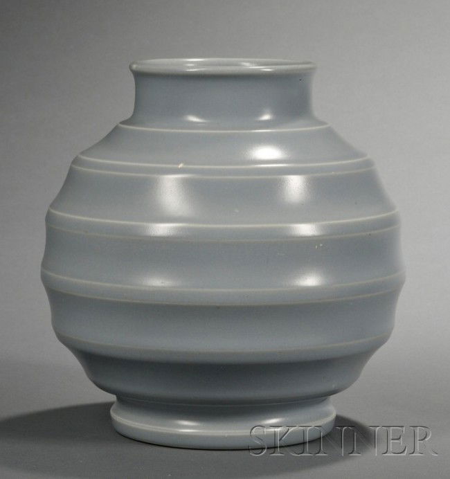 Wedgwood Keith Murray Heron Grey Slip Glazed Vase,: Wedgwood Keith Murray Heron Grey Slip Glazed Vase, England, c. 1935, shape 3765 globular body with concentric rings, printed mark, ht. 7 1/4 in.