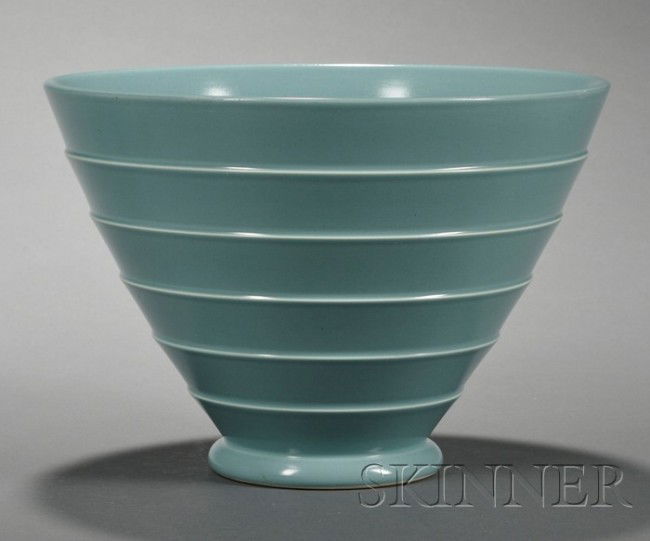 Wedgwood Keith Murray Duck-egg Blue Slip Glazed Bo: Wedgwood Keith Murray Duck-egg Blue Slip Glazed Bowl, England, c. 1935, shape 3753 with concentric bands to tapering sides, printed mark, dia. 8 3/4 in.