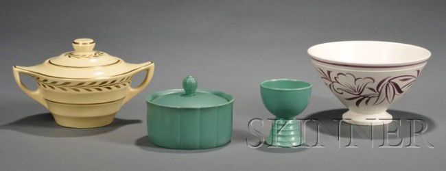 Four Wedgwood Keith Murray Design Items, England,: Four Wedgwood Keith Murray Design Items, England, 1935-50, two in matte green, a denture box and cover, shape 4114, dia. 4 1/2 in.; and a cocktail cup, ht. 3 in.; with a matte straw glazed annular war