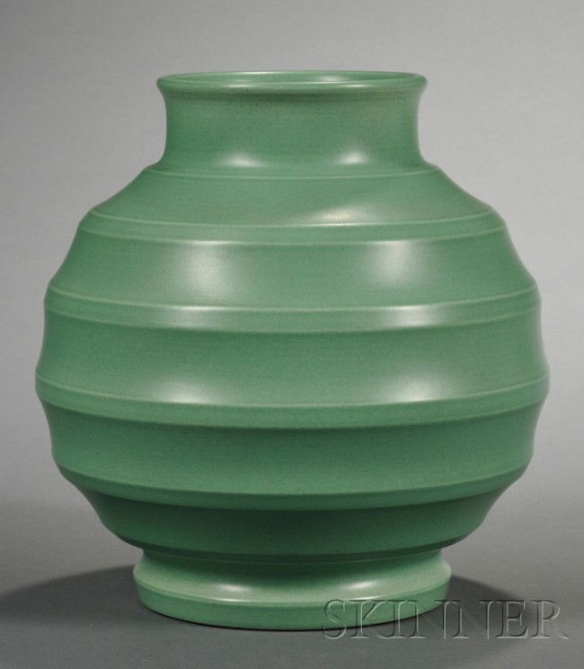 Wedgwood Keith Murray Matte Green Slip Glazed Vase: Wedgwood Keith Murray Matte Green Slip Glazed Vase, England, c. 1935, shape 3765 globular shape with concentric rings, printed mark, ht. 7 1/4 in.