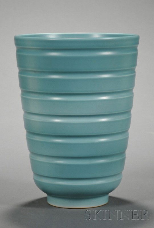 Wedgwood Keith Murray Design Duck-egg Blue Slip Gl: Wedgwood Keith Murray Design Duck-egg Blue Slip Glazed Vase, England, c. 1935, shape 4315, slightly flaring body with concentric rings, printed mark, ht. 7 1/2 in.