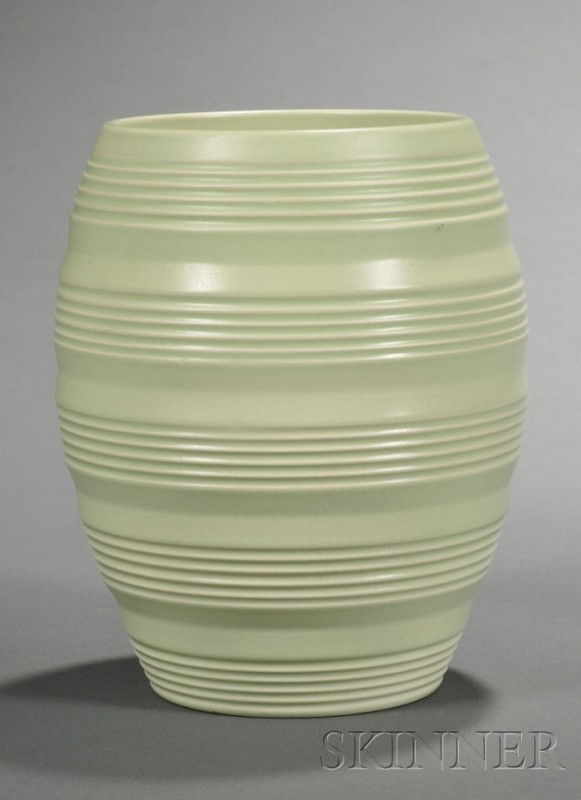 Wedgwood Keith Murray Apple Green Slip Glazed Vase: Wedgwood Keith Murray Apple Green Slip Glazed Vase, England, c. 1935, shape 3868, barrel shape with concentric rings, printed mark, ht. 6 1/2 in.