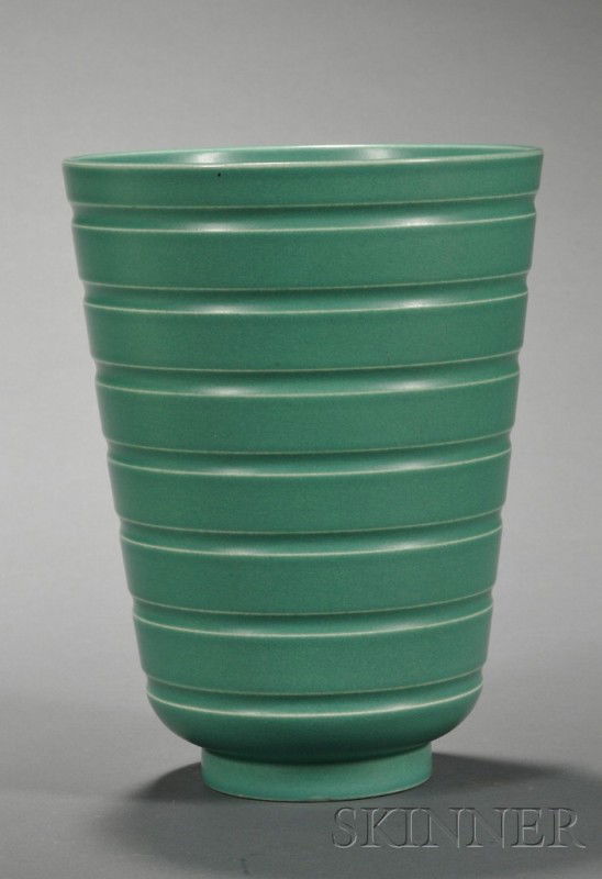 Wedgwood Keith Murray Matte Green Slip Glazed Vase: Wedgwood Keith Murray Matte Green Slip Glazed Vase, England, c. 1935, shape 4315, decorated with concentric banding, printed mark, ht. 7 1/2 in.
