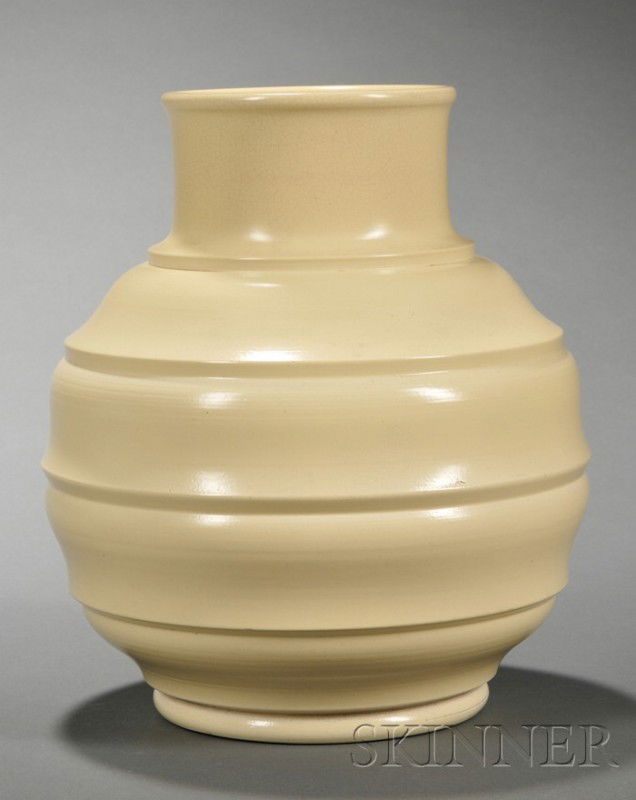 Wedgwood Keith Murray Design Matte Straw Slip Glaz: Wedgwood Keith Murray Design Matte Straw Slip Glazed Vase, England, c. 1935, shape 4196, globular form with concentric rings, impressed and printed mark, ht. 8 3/4 in.