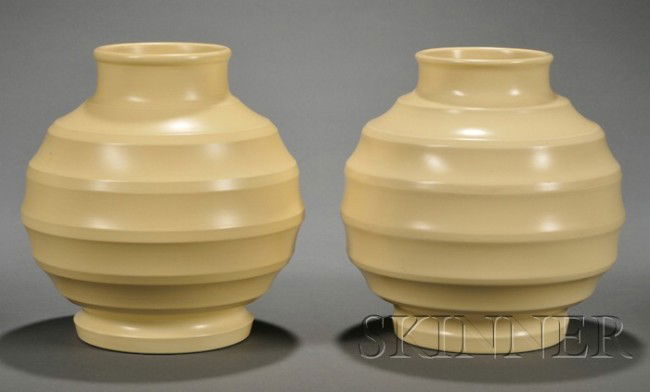 Two Wedgwood Keith Murray Design Matte Straw Slip: Two Wedgwood Keith Murray Design Matte Straw Slip Glazed Vases, England, c. 1935, shape 3765, globular form with concentric rings, printed marks, ht. 7 1/4 in.