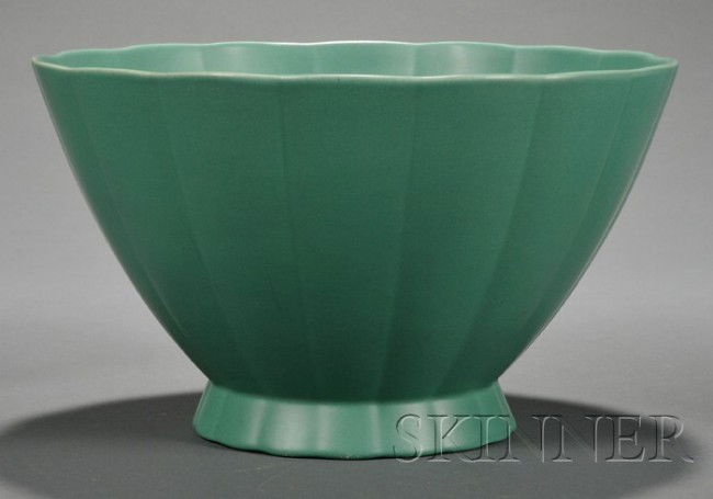 Wedgwood Keith Murray Matte Green Slip Glazed Bowl: Wedgwood Keith Murray Matte Green Slip Glazed Bowl, England, c. 1935, shape 4116 with fluted sides and tapering foot, printed mark, dia. 9 1/4 in.