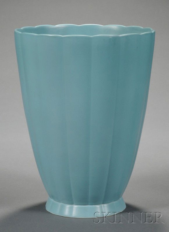 Wedgwood Keith Murray Matte Turquoise Slip Glazed: Wedgwood Keith Murray Matte Turquoise Slip Glazed Vase, England, c. 1940, shape 3991 with vertically fluted bands, printed mark, ht. 9 in.