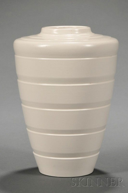 Wedgwood Keith Murray Design Moonstone Vase, Engla: Wedgwood Keith Murray Design Moonstone Vase, England, c. 1935, shape 3805 with concentric rings to tapering sides, printed mark, ht. 7 5/8 in.