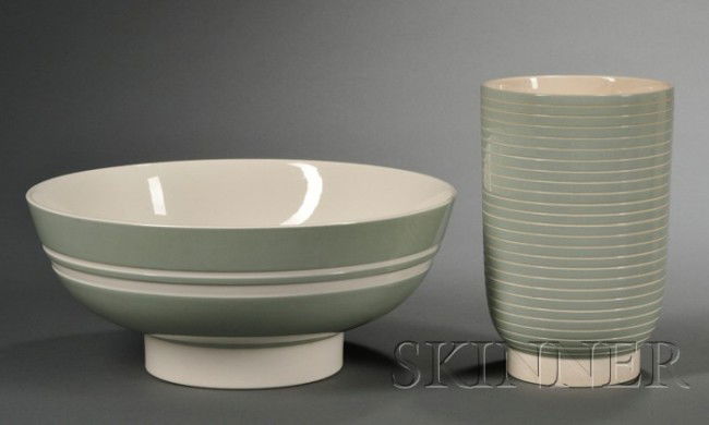 Two Wedgwood Keith Murray Design Celadon Slip Glaz: Two Wedgwood Keith Murray Design Celadon Slip Glazed Items, England, 1935-51, each with cream colored ground, a footed bowl shape 4194, dia. 10 3/4 in.; and a vase shape 4215 with concentric engine-tu