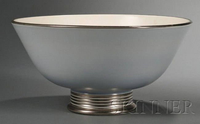 Wedgwood Keith Murray Design Silver Grey Moonstone: Wedgwood Keith Murray Design Silver Grey Moonstone Bowl, England, c. 1935, shape 3994 with platinum lustre trim, engine-turned pedestal base, printed and impressed marks, dia. 12 in.