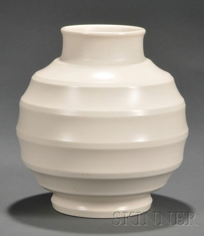 Wedgwood Keith Murray Design Moonstone Vase, Engla: Wedgwood Keith Murray Design Moonstone Vase, England, c. 1935, shape 3765 with concentric rings to a globular form, printed mark, ht. 9 1/8 in.