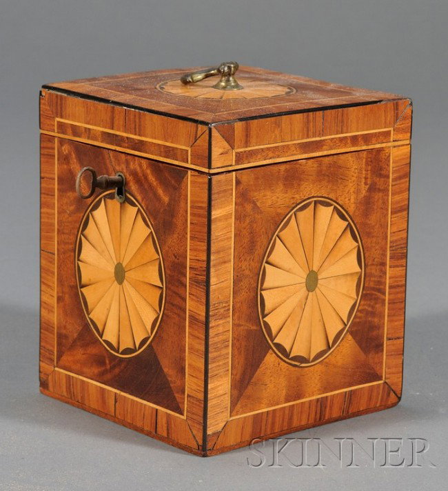Edwardian Mahogany and Inlay Tea Caddy, early 20th: Edwardian Mahogany and Inlay Tea Caddy, early 20th century, rectangular, the sides and lid inlaid with bat's wing fluted roundels, top lifting handle, inner lid, with foil lining, ht. 5 1/2, wd. 4 1/2