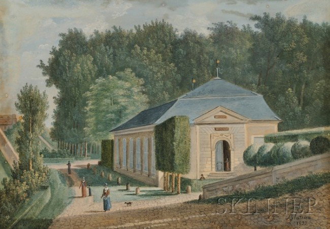Continental School, 19th Century View of a Formal: Continental School, 19th Century View of a Formal Garden Signed and dated "Bluteau 1822" l.r. Gouache on paper, sight size 7 1/2 x 10 3/4 in. (19.1 x 27.3 cm), framed. Condition: Minor acid burn, not 