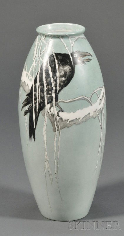 Limoges Art Nouveau Hand-painted Porcelain Vase, e: Limoges Art Nouveau Hand-painted Porcelain Vase, early 20th century, painted with a cawing crow on a snowy branch, on blue-gray ground, unsigned, porcelain marked for Bernardaud & Co., ht. 15 in.