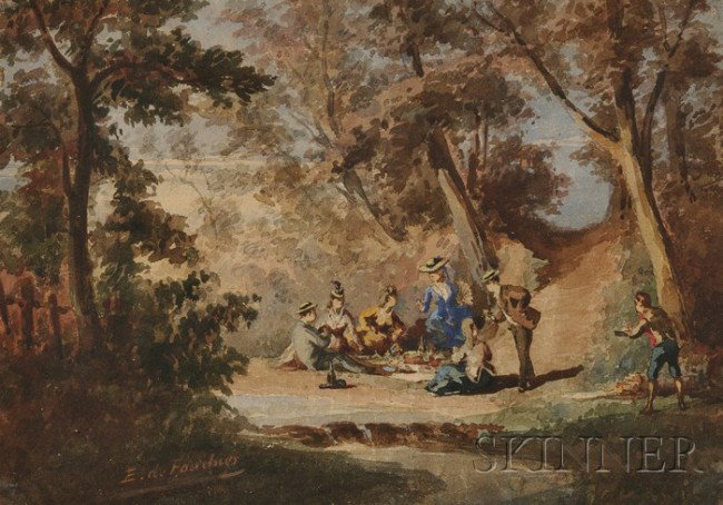 Dutch/French School, 19th Century Fete Champetre : Dutch/French School, 19th Century Fete Champetre Signed "E. de Fouchier" l.l. Watercolor on paper, sight size 8 3/4 x 12 1/4 in. (22.2 x 31.1 cm), framed. Condition: Not examined out of frame.