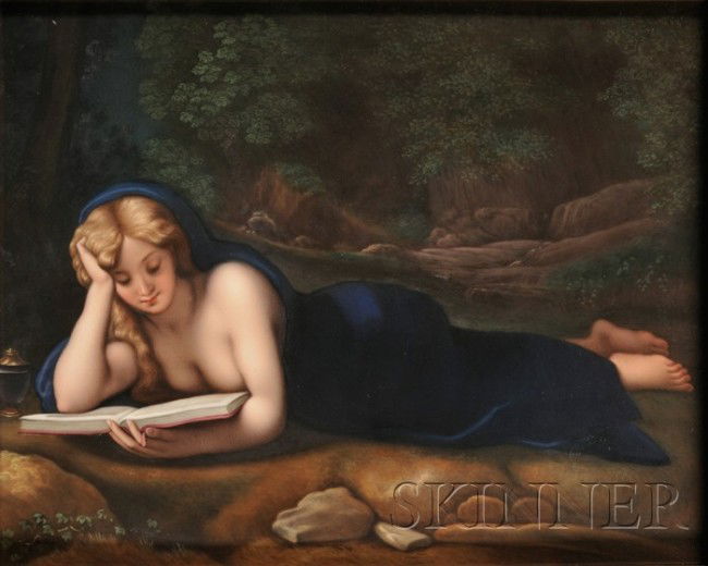 KPM Porcelain Plaque Depicting the Repentant Magda: KPM Porcelain Plaque Depicting the Repentant Magdalene, Germany, late 19th century, rectangular form with polychrome enameled portrait of the reclining maiden reading from a book, impressed mark and i