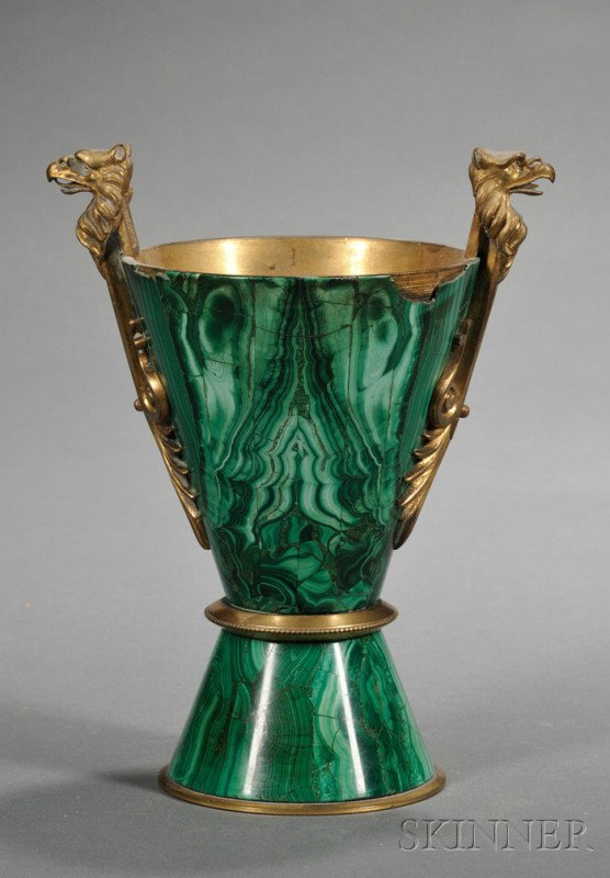 Russian Malachite Beaker, 19th century, conical sh: Russian Malachite Beaker, 19th century, conical shape with gilt-bronze body, griffin head handles, ht. 8 in.