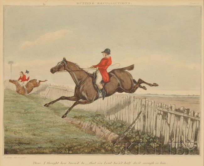 Lot of Three Framed English Hunting Prints Henry A: Lot of Three Framed English Hunting Prints Henry Alken (British, 1785-1851), Two engravings from Hunting Recollections, Plate 5 "Push en sharp..." and Plate 6 "There