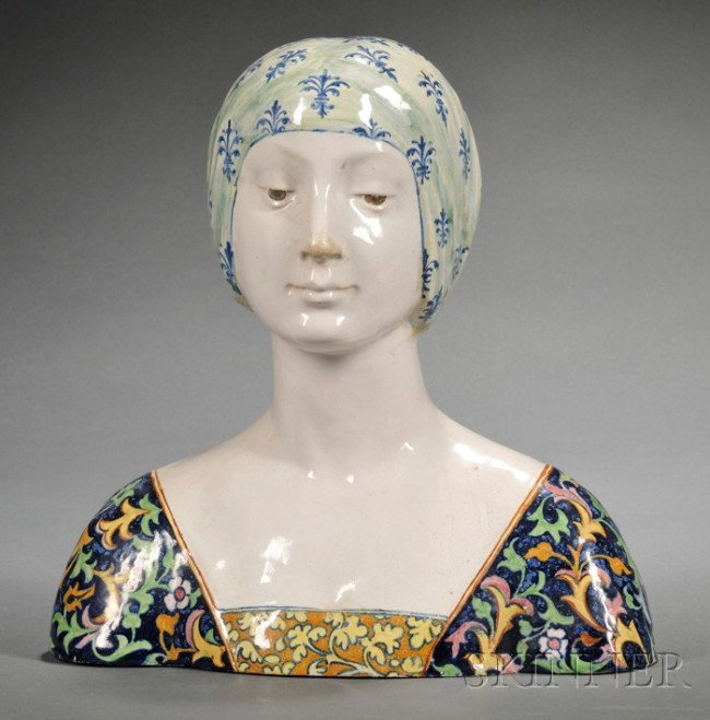 Tin Glazed Earthenware Bust of Beatrice, Italy, 20: Tin Glazed Earthenware Bust of Beatrice, Italy, 20th century, polychrome enamel decorated, ht. 11 1/2 in.