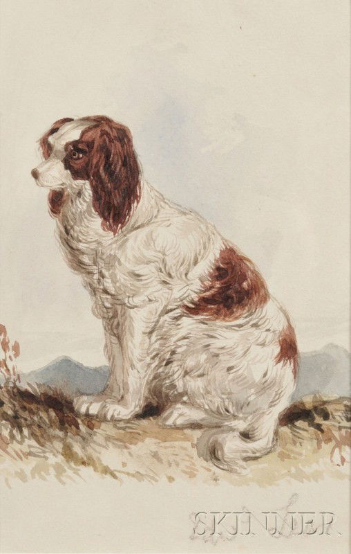 Edward Lear (British, 1812-1888) Spaniel Seated in: Edward Lear (British, 1812-1888) Spaniel Seated in a Landscape Signed "Edwd Lear" l.r. Watercolor on paper, sheet size 5 7/8 x 4 3/8 in. (15.0 x 11.2 cm), framed. Condition: Sheet affixed to window ma