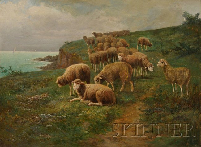 Continental School, 20th Century View of Sheep at: Continental School, 20th Century View of Sheep at Pasture Signed "E MULLER" l.l. Oil on canvas, 21 3/4 x 29 in. (55.2 x 73.7 cm), framed. Condition: Lined, retouch, craquelure, minor surface grime.