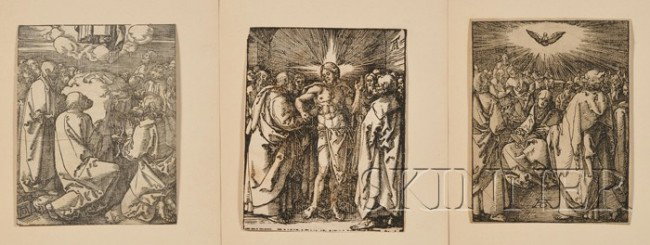 Lot of Three Woodcuts by or after Albrecht Dürer (: Lot of Three Woodcuts by or after Albrecht Dürer (German, 1471-1528) The Ascension, The Doubting Thomas, and Pentecost, From The Small Woodcut Passion (1511). All monog
