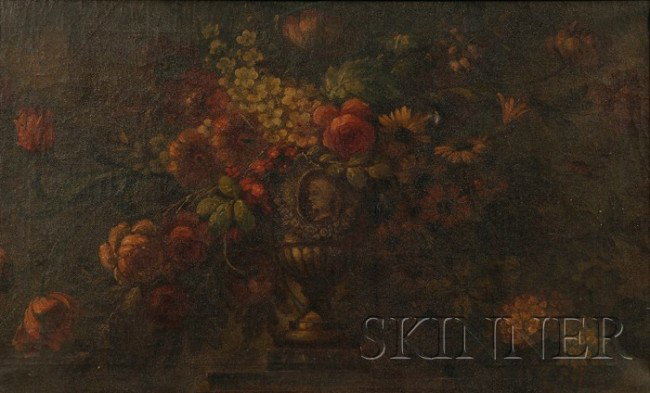Continental School, 19th Century Still Life with F: Continental School, 19th Century Still Life with Flowers in a Classical Urn Unsigned. Oil on canvas, 20 1/8 x 33 in. (51.2 x 84.0 cm), framed. Condition: Tear u.r. quadrant, craquelure, surface grime.