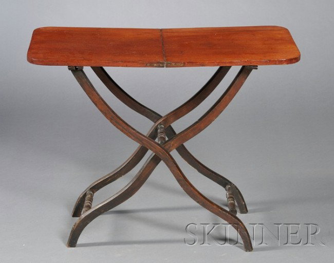 Victorian Mahogany Folding Campaign Table, late 19: Victorian Mahogany Folding Campaign Table, late 19th century, rectangular top with rounded ends, on X-form base with shaped legs with turned stretchers, top open 34 x 16 1/2, ht. open 27 in.