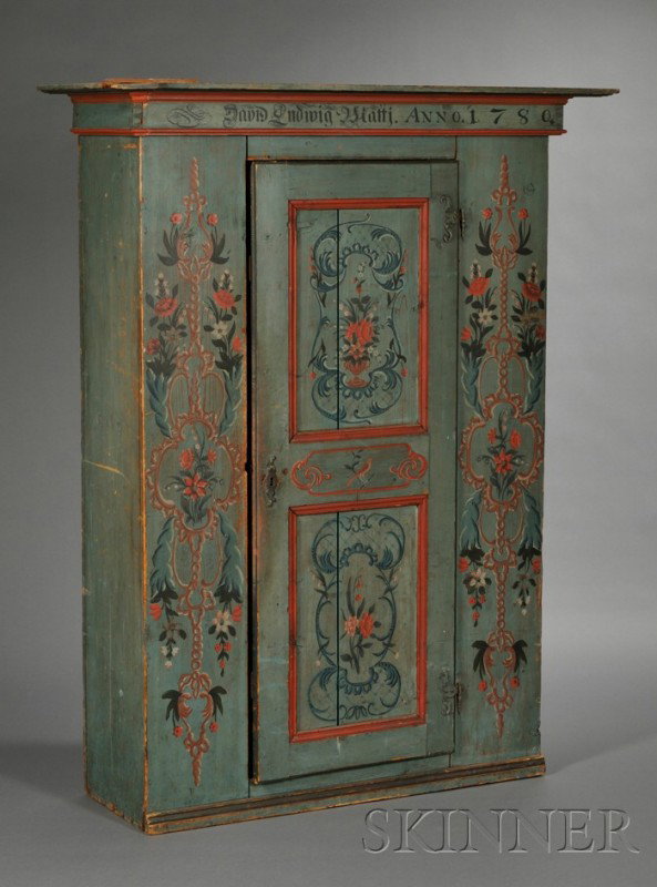 Scandinavian Painted Pine Armoire, with plain proj: Scandinavian Painted Pine Armoire, with plain projecting crest, central paneled door enclosing shelves, painted to front with Rococo scrolls, flowers and birds on blue ground, pediment painted with na