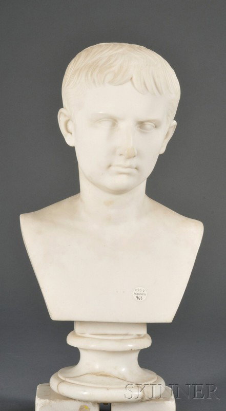Carrara Marble Bust of Caesar, 19th century, mount: Carrara Marble Bust of Caesar, 19th century, mounted atop a waisted circular socle, ht. 21 in.