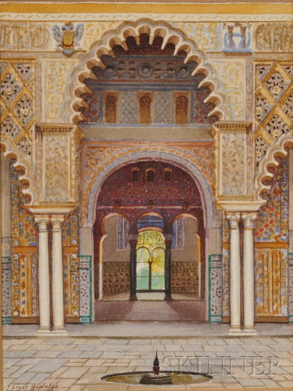 F. Liger Hidalgo (Spanish, 1880-1945) Moorish Ar: F. Liger Hidalgo (Spanish, 1880-1945) Moorish Arch, probably The Alcazar Palace, Seville Signed "F. Liger Hidalgo" l.l., with a label from Gramstorff Bros., Inc., Malden, Mass., affixed to the backing