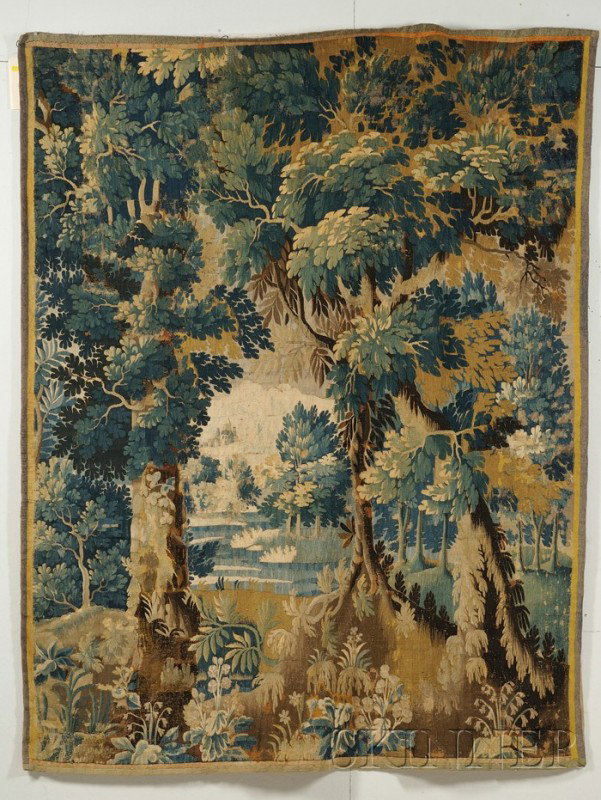 Aubusson-style Scenic Tapestry, France, 19th cent: Aubusson-style Scenic Tapestry, France, 19th century, wooded landscape with distance view of a village, 69 x 88 in.
