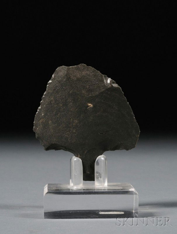 Polynesian Stone Spear Point, Easter Island, c. 18: Polynesian Stone Spear Point, Easter Island, c. 18th century, of obsidian with custom Lucite stand, ht. 3 1/2 in.