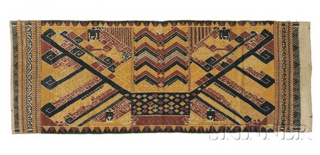 Indonesian Cotton "Tabitan" Weaving, Sumatra, Kaue: Indonesian Cotton "Tabitan" Weaving, Sumatra, Kauer tribe, c. early 20th century, multicolored geometric designs and with stylized humans, 43 1/2 x 16 1/2 in. Provenance: Baron Freddy Rollin, New York