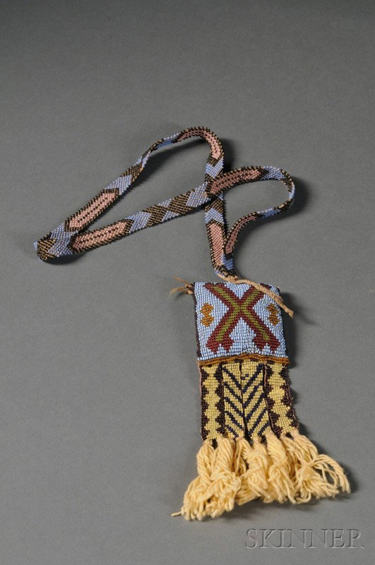 Great Lakes Loom beaded Charm Necklace, c. late 19: Great Lakes Loom beaded Charm Necklace, c. late 19th century, with multi-color beadwork and four tabs with yarn tassels from the pendant bottom, pendant lg. 7 in.