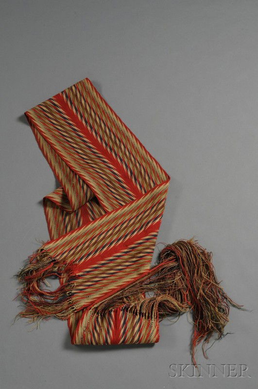 Northeast Finger-woven Assumption Sash, Huron or M: Northeast Finger-woven Assumption Sash, Huron or Missionaries, c. first half 19th century, a wide sash with multicolor zigzag design, (wool loss), wd. 9, lg. excluding fringe 80 in.