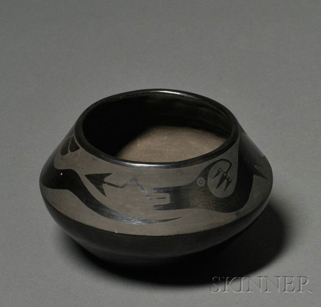 Southwest Black on Black Pottery Bowl, San Ildefon: Southwest Black on Black Pottery Bowl, San Ildefonso, Marie, has a classic Avanyu pattern, ht. 3 1/2, dia. 6 in.