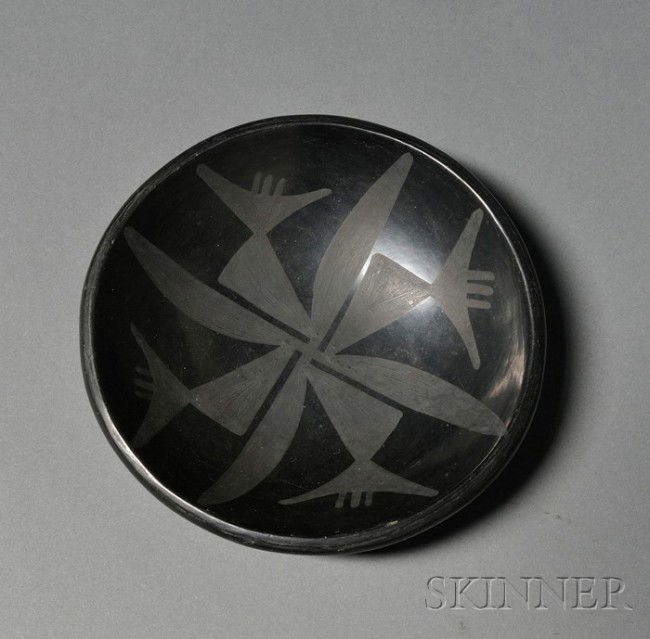 Southwest Black on Black Pottery Bowl, San Ildefon: Southwest Black on Black Pottery Bowl, San Ildefonso, Marie and Julian, shallow bowl with a four-point design, ht. 1 1/2, dia. 5 3/8 in.