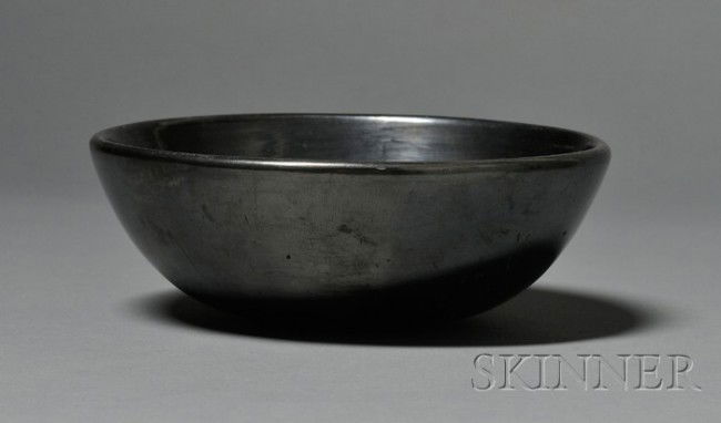 Southwest Blackware Pottery Bowl, San Ildefonso, S: Southwest Blackware Pottery Bowl, San Ildefonso, Santana and Adam, (tape residue on bottom), ht. 3, dia. 8 3/8 in.