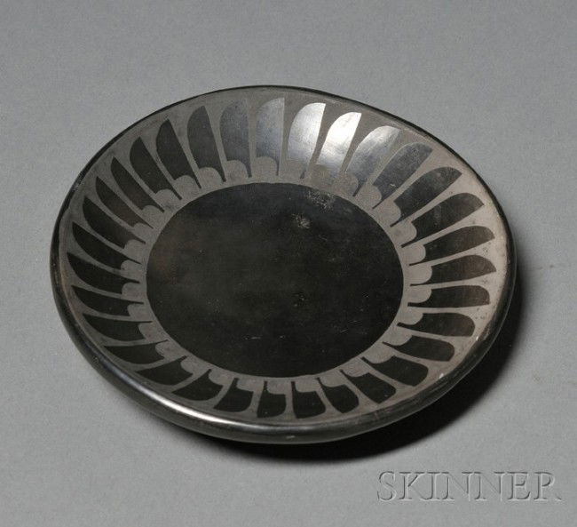 Southwest Black on Black Pottery Plate, San Ildefo: Southwest Black on Black Pottery Plate, San Ildefonso, Santana and Adam, with feather design, dia. 5 1/2 in.