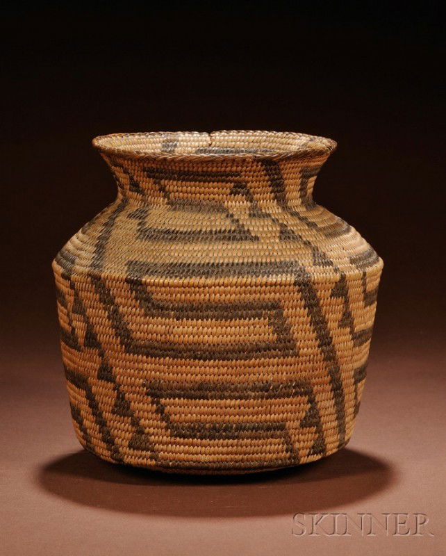 Southwest Coiled Basketry Jar, Pima, c. early 20th: Southwest Coiled Basketry Jar, Pima, c. early 20th century, with flared rim and decorated in a maze pattern, ht. 6, dia. 6 1/4 in.