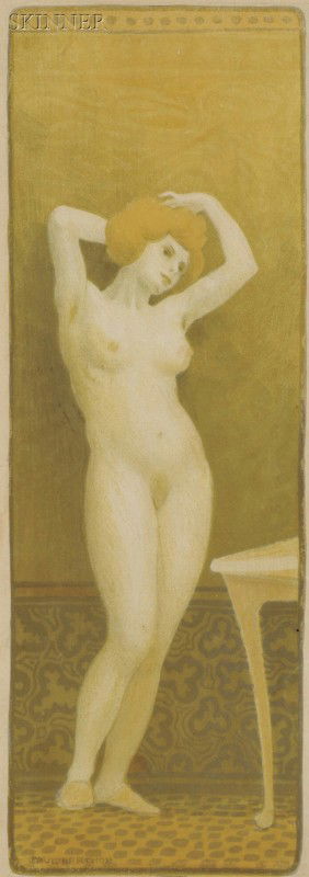 Paul Berthon (French, 1872-1909) Image from the sui: Paul Berthon (French, 1872-1909) Image from the suite SIX PETITS NUS, 1899 (see Arwas, 43-48). Signed within the matrix. Color lithograph on paper, image size 15 3/8 x 5 1/4 in. (39