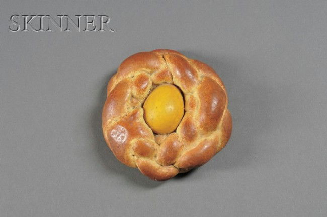 Jeff Koons (American, b. 1955) Bread With Egg (Yell: Jeff Koons (American, b. 1955) Bread With Egg (Yellow), 1995, edition of 30. Initialed, numbered, and dated "...7/30 '95" in mark on the underside. Tempera-painted hydrocal multiple, 2 3/8 x 5 3/4 x 5