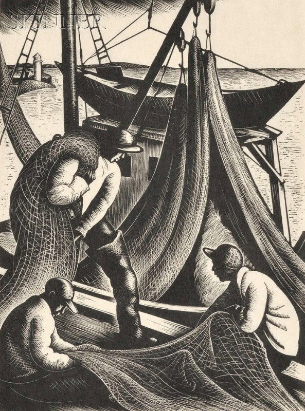 Clare Veronica Hope Leighton (American, 1901-1989) : Clare Veronica Hope Leighton (American, 1901-1989) The Net Menders, edition of 300. Signed "Clare Leighton" in pencil l.r., numbered and titled "13/300..." in pencil l.l. Wood engraving on fine pa
