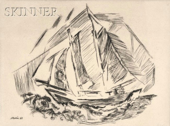 John Marin (American, 1870-1953) Sailboat, 1932, ed: John Marin (American, 1870-1953) Sailboat, 1932, edition of 200 printed for the American Artist's Group, 1936 (Zigrosser, 155). Signed and dated within the plate, stamp from AAG on the reverse. Etchin